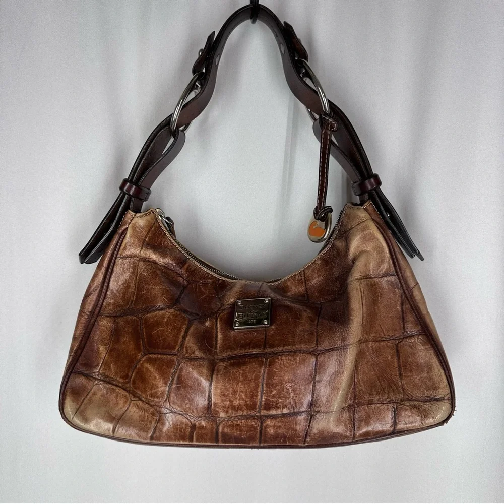 Dooney & Bourke Croc Embossed Leather Shoulder Bag Brown Hobo Purse